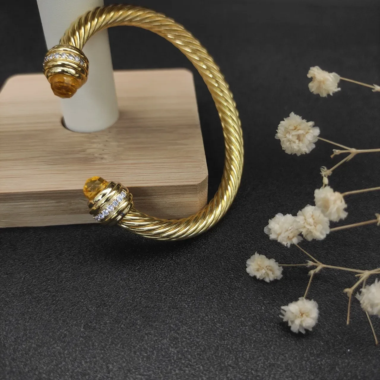 David Yurman Gold Beige Twisted Cable Gemstone-Terminal Bracelet 6