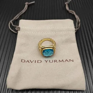 David Yurman Gold Blue Twisted Cable Shoulders Cushion-Cut Stone Ring