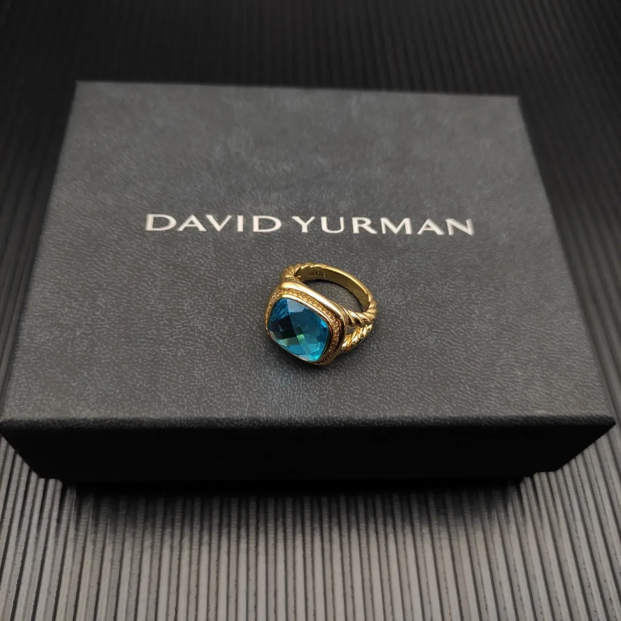 David Yurman Gold Blue Twisted Cable Shoulders Cushion-Cut Stone Ring 4