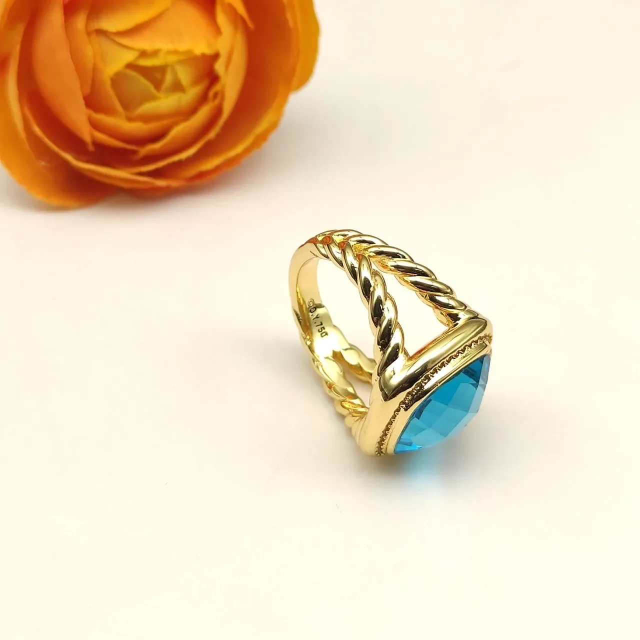 David Yurman Gold Blue Twisted Cable Shoulders Cushion-Cut Stone Ring 5