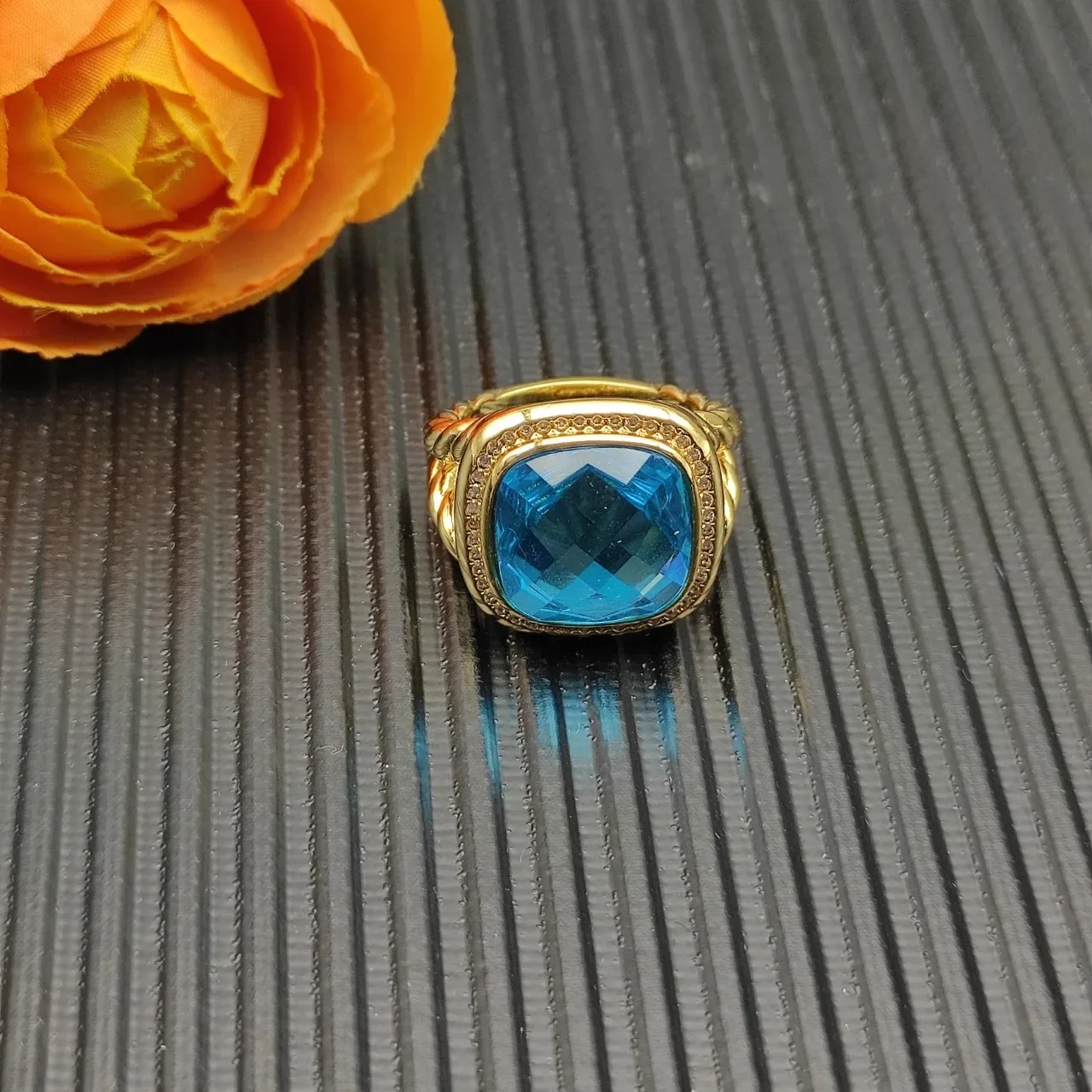 David Yurman Gold Blue Twisted Cable Shoulders Cushion-Cut Stone Ring 7