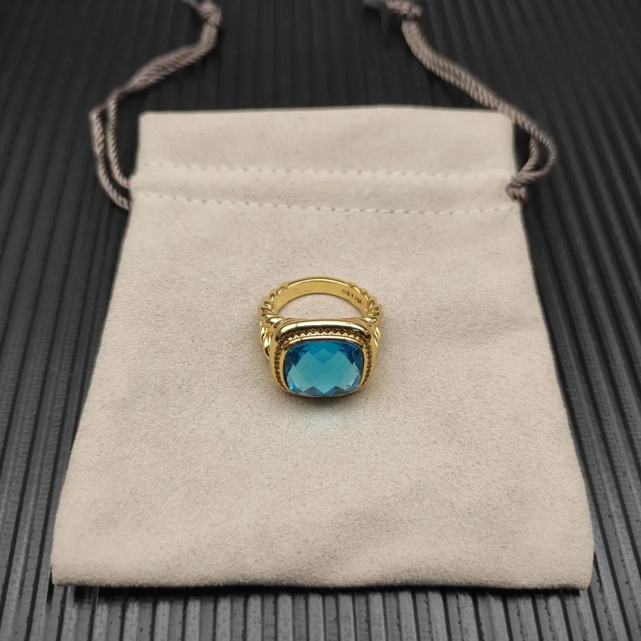 David Yurman Gold Blue Twisted Cable Shoulders Cushion-Cut Stone Ring 9