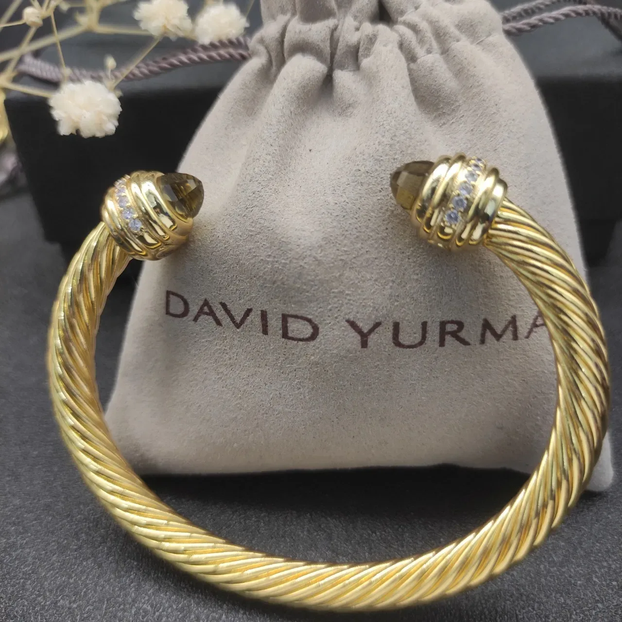 David Yurman Gold Brown Twisted Cable Gemstone Terminals Bracelet 2