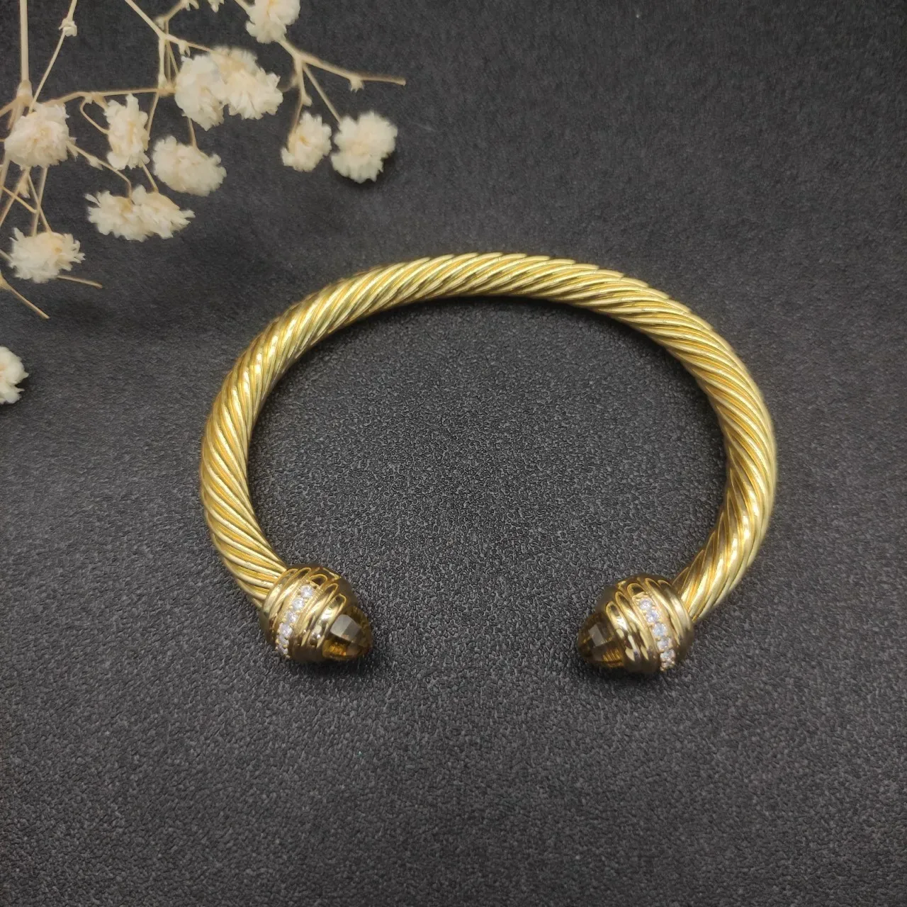 David Yurman Gold Brown Twisted Cable Gemstone Terminals Bracelet 4