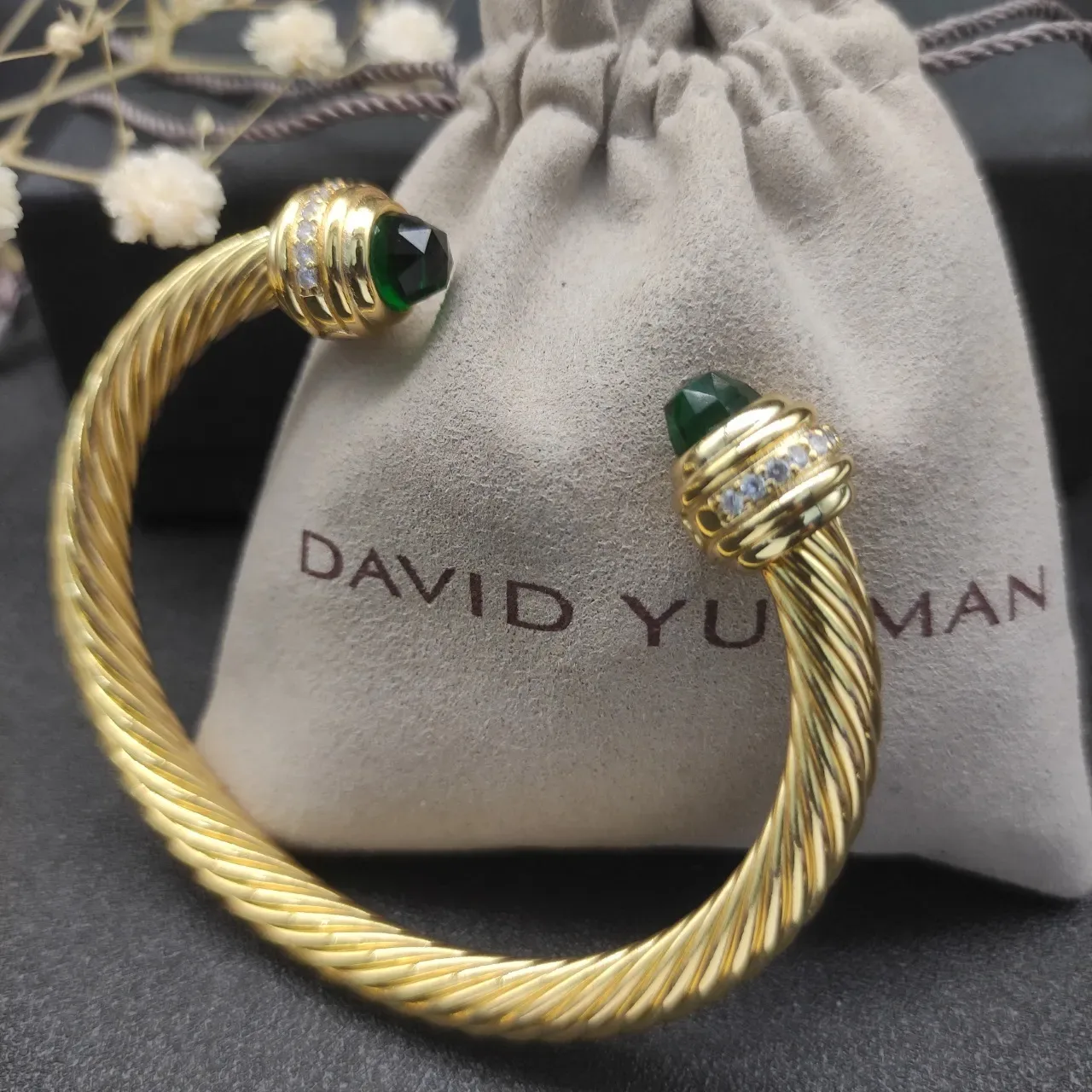David Yurman Gold Green Twisted Cable Faceted Stone Terminals Bracelet 2