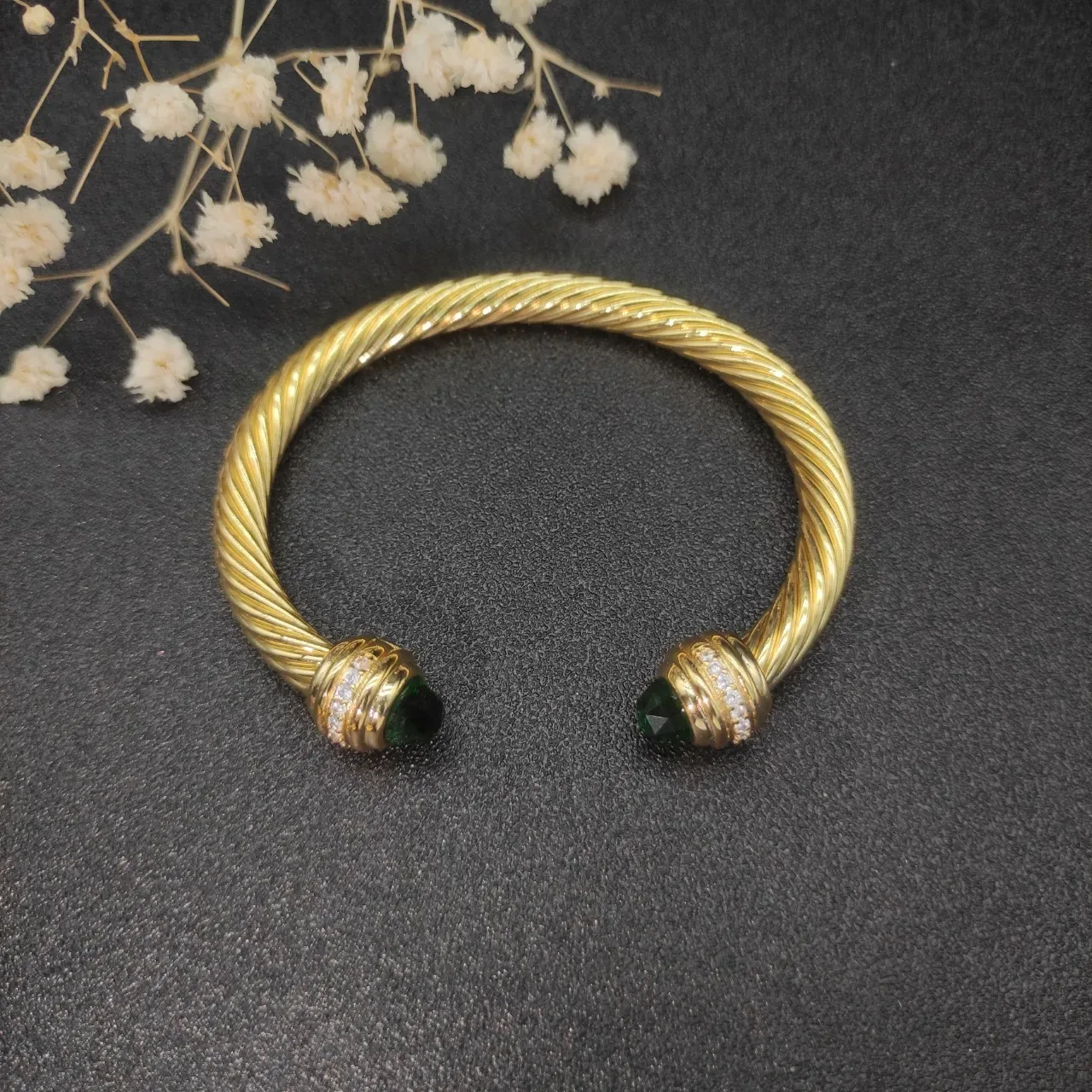 David Yurman Gold Green Twisted Cable Faceted Stone Terminals Bracelet 4
