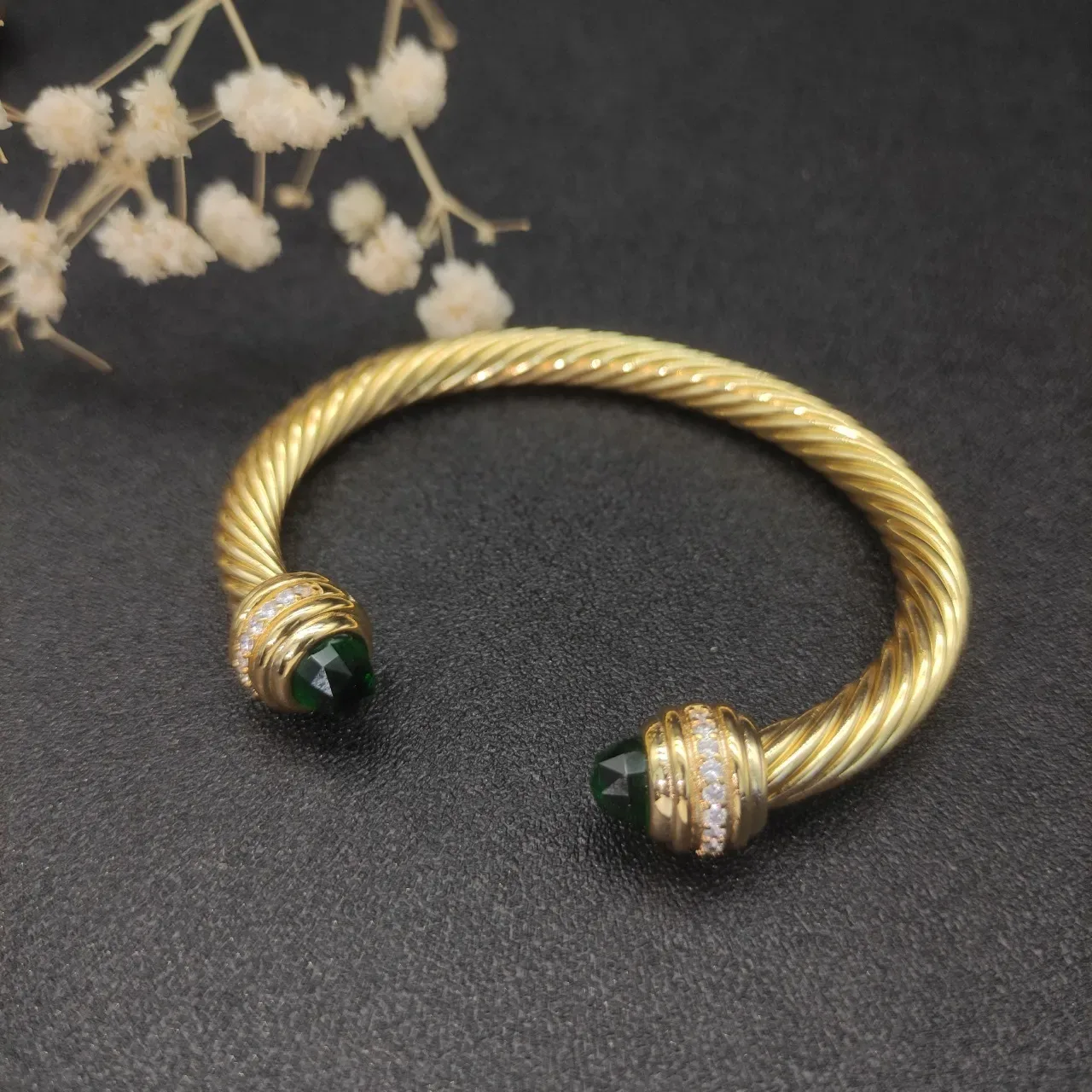David Yurman Gold Green Twisted Cable Faceted Stone Terminals Bracelet 5