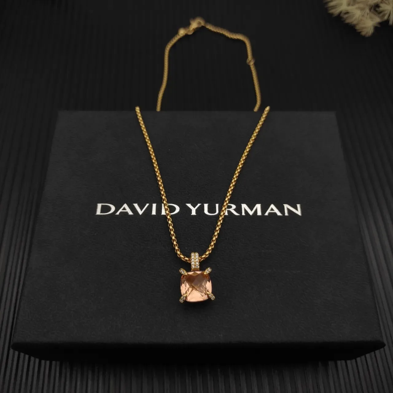 David Yurman Gold Pink Curb-Link Chain Cushion-Cut Faceted Gemstone Necklace 5