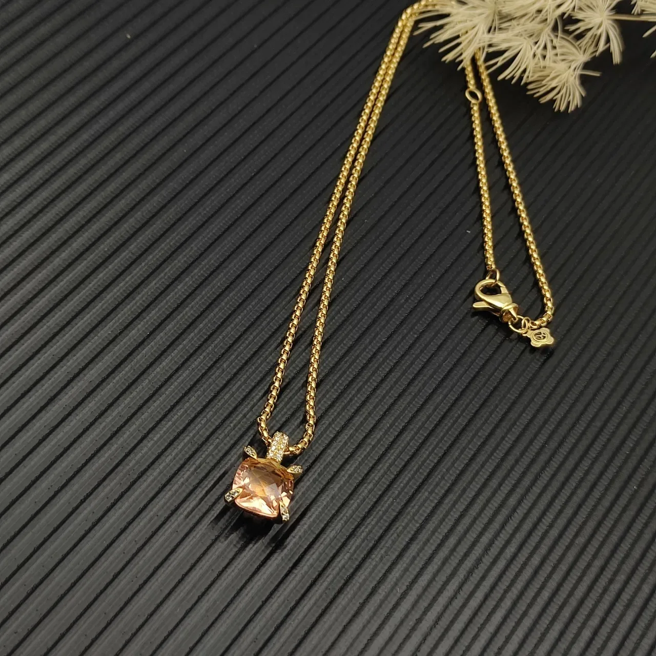 David Yurman Gold Pink Curb-Link Chain Cushion-Cut Faceted Gemstone Necklace 6