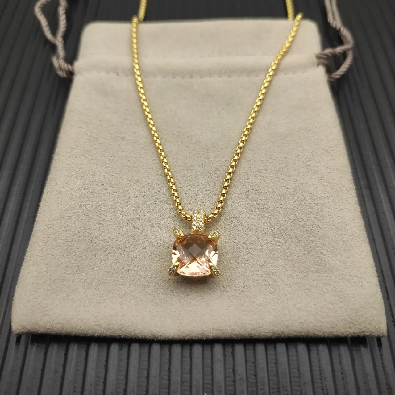 David Yurman Gold Pink Curb-Link Chain Cushion-Cut Faceted Gemstone Necklace 9