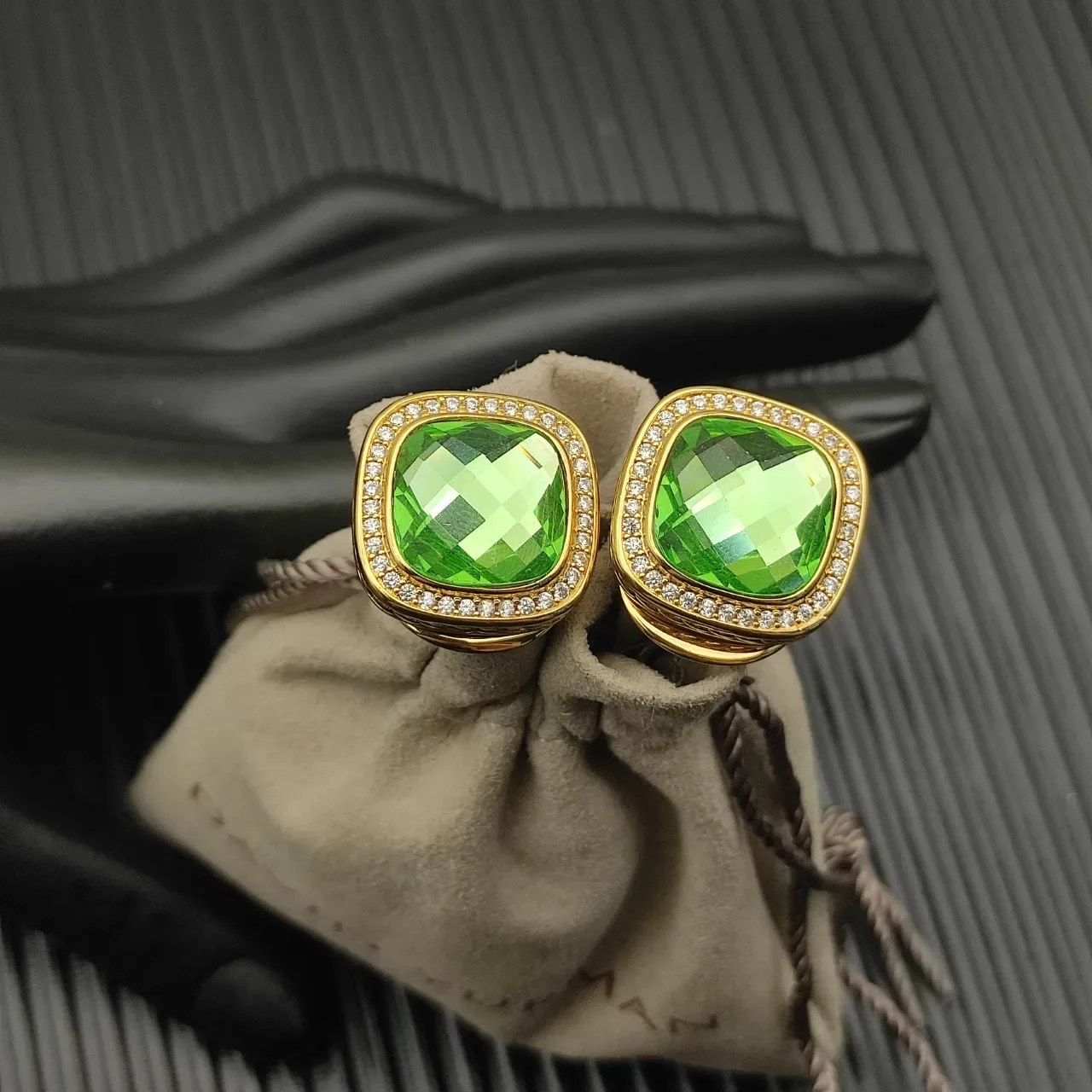David Yurman Gold-Tone Green Cushion-Cut Pavé Halo Earrings 6