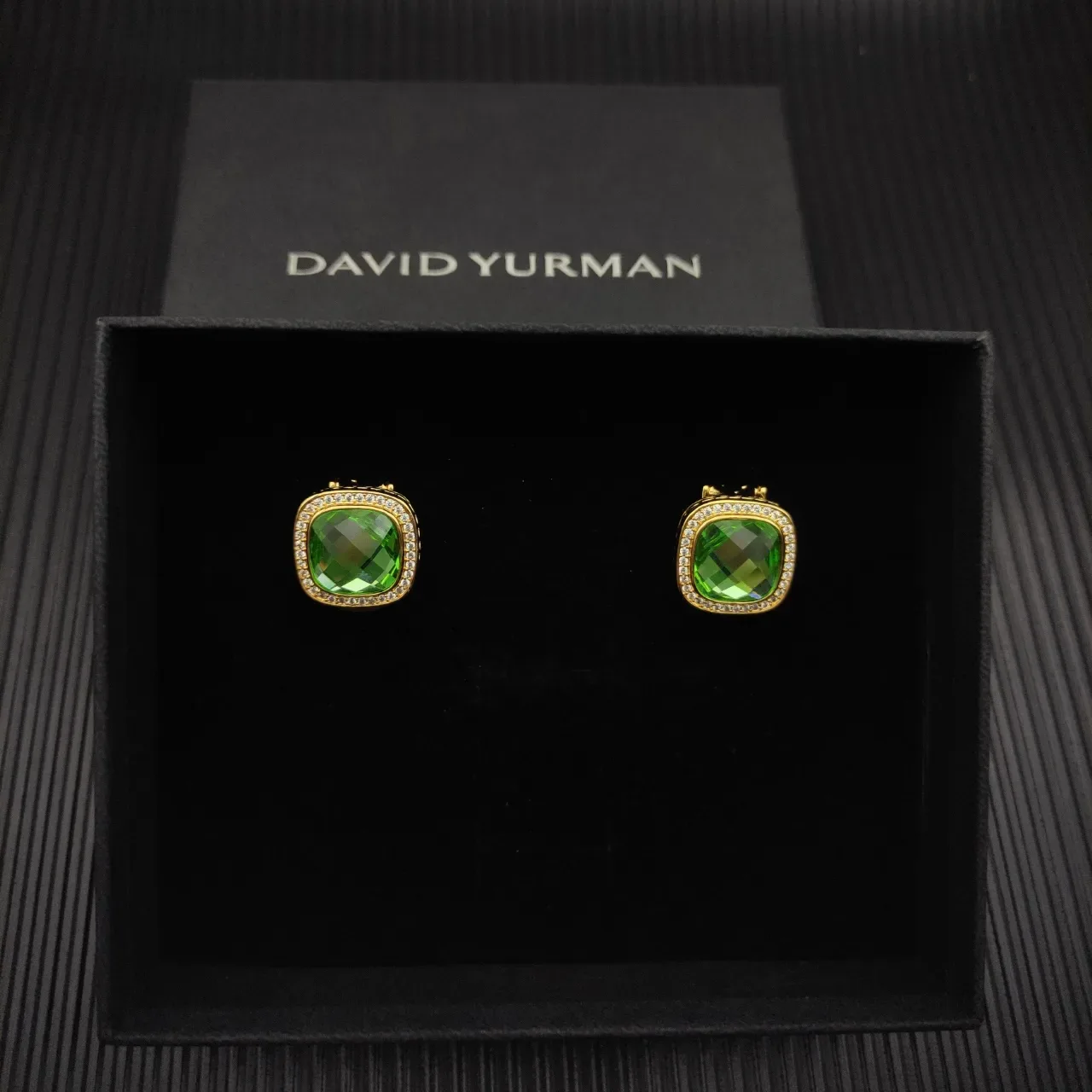 David Yurman Gold-Tone Green Cushion-Cut Pavé Halo Earrings 7