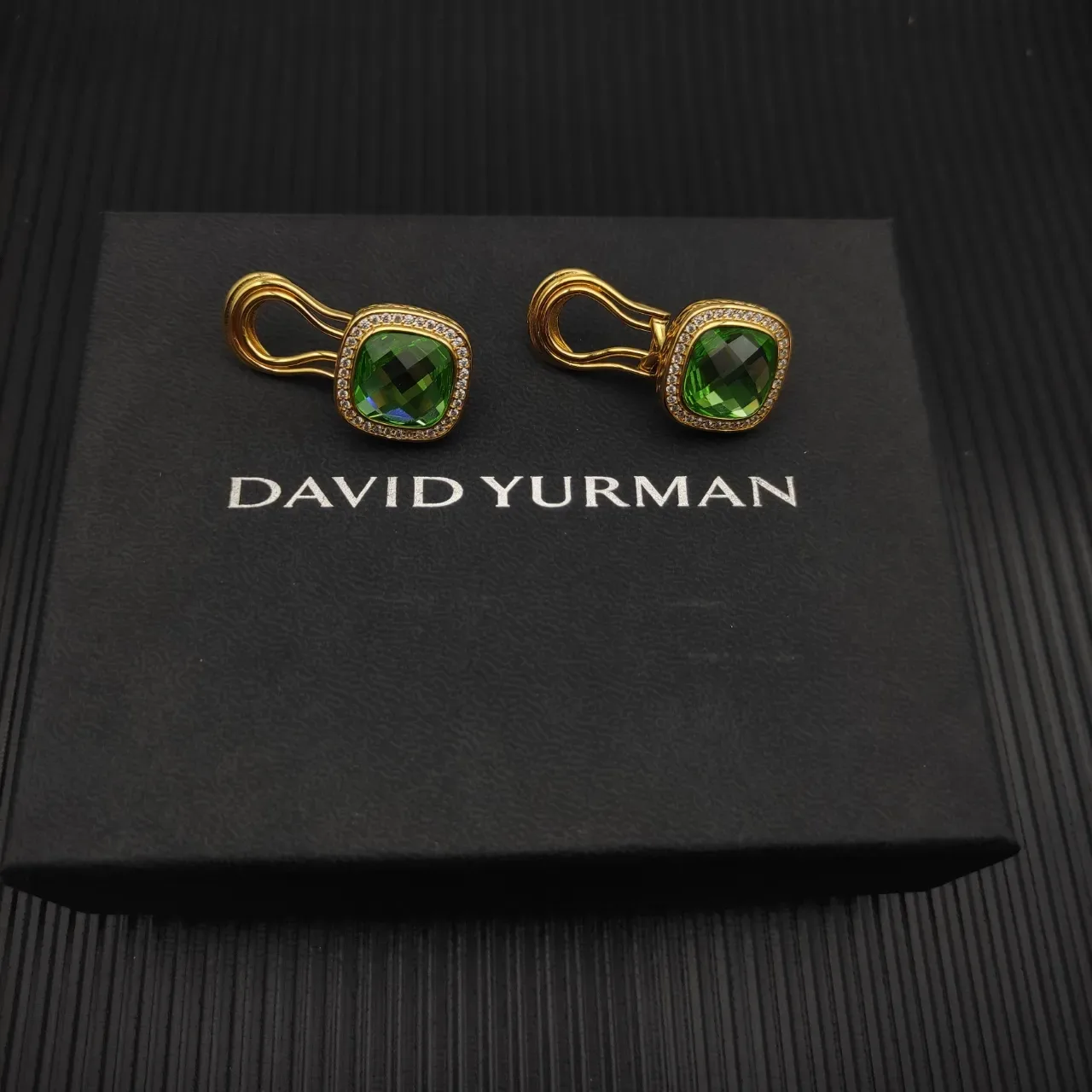 David Yurman Gold-Tone Green Cushion-Cut Pavé Halo Earrings 8