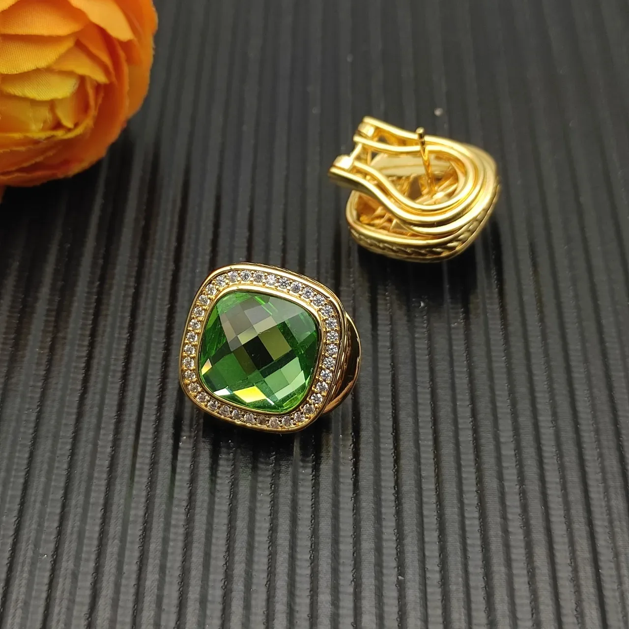 David Yurman Gold-Tone Green Cushion-Cut Pavé Halo Earrings 9