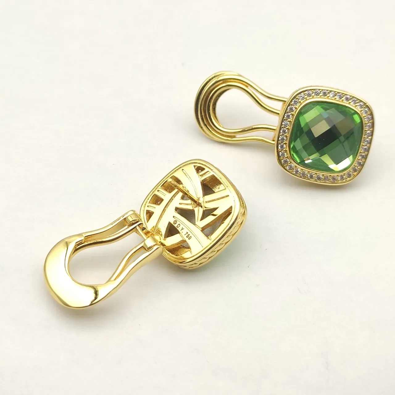 David Yurman Gold-Tone Green Cushion-Cut Pavé Halo Earrings 10