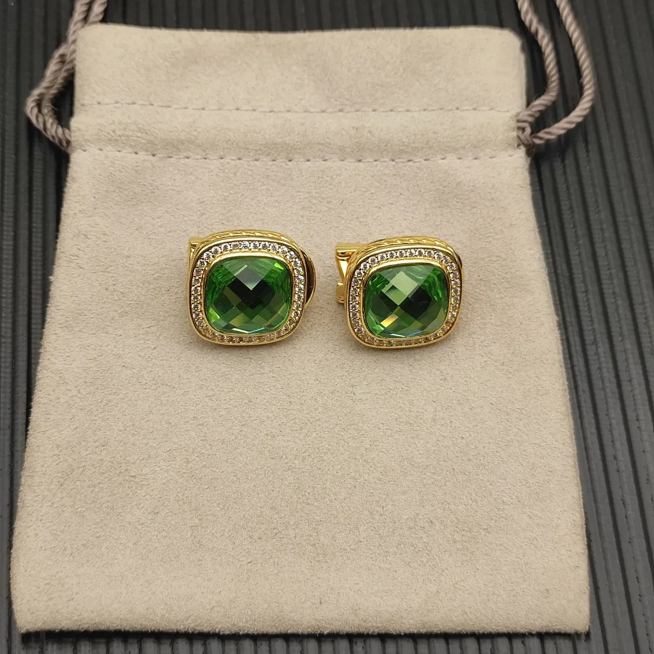 David Yurman Gold-Tone Green Cushion-Cut Pavé Halo Earrings 11