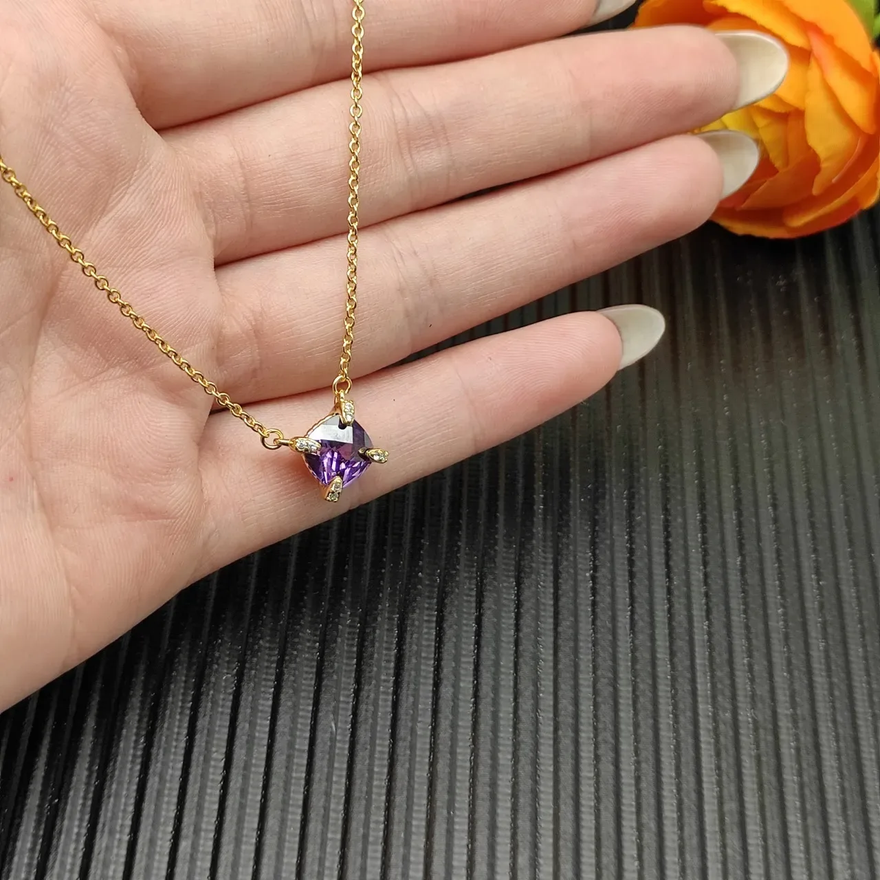 David Yurman Purple Gold Chain Cushion-Cut Gemstone Necklace 9