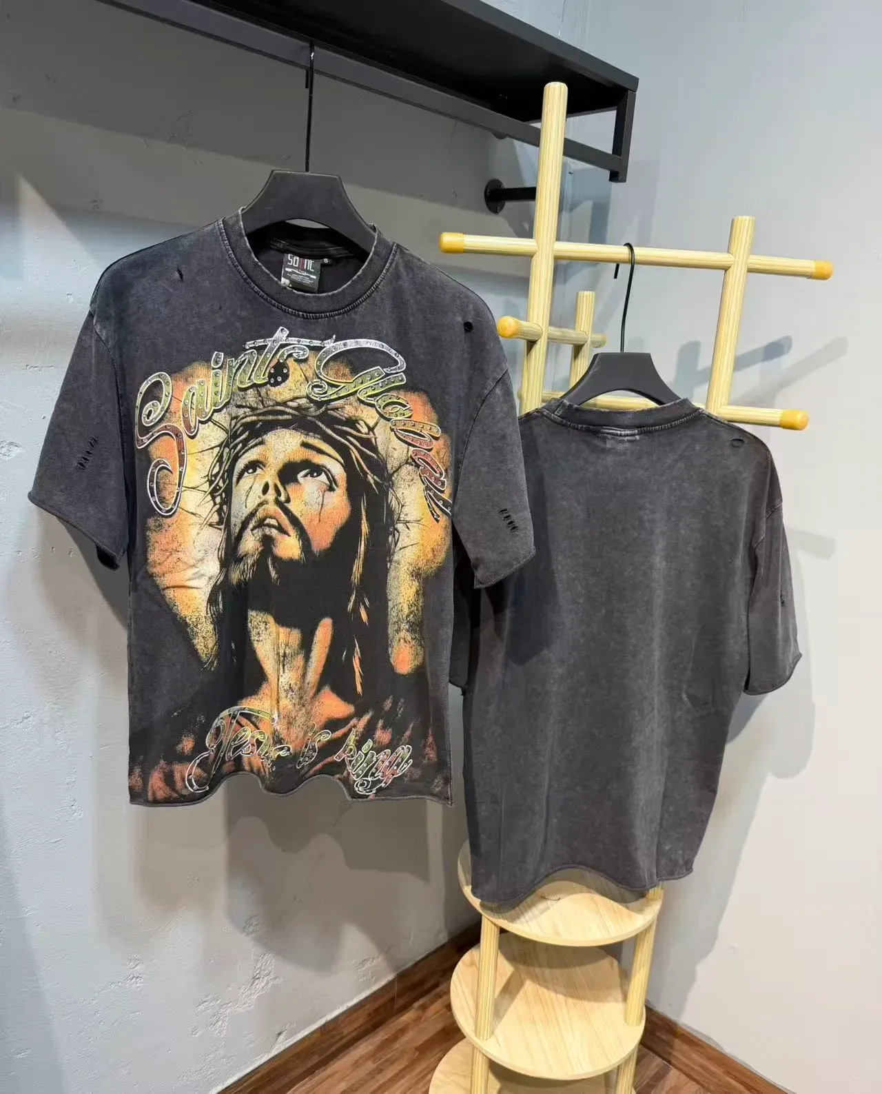 Distressed Black Acid-Wash Graphic Print T-Shirt 2