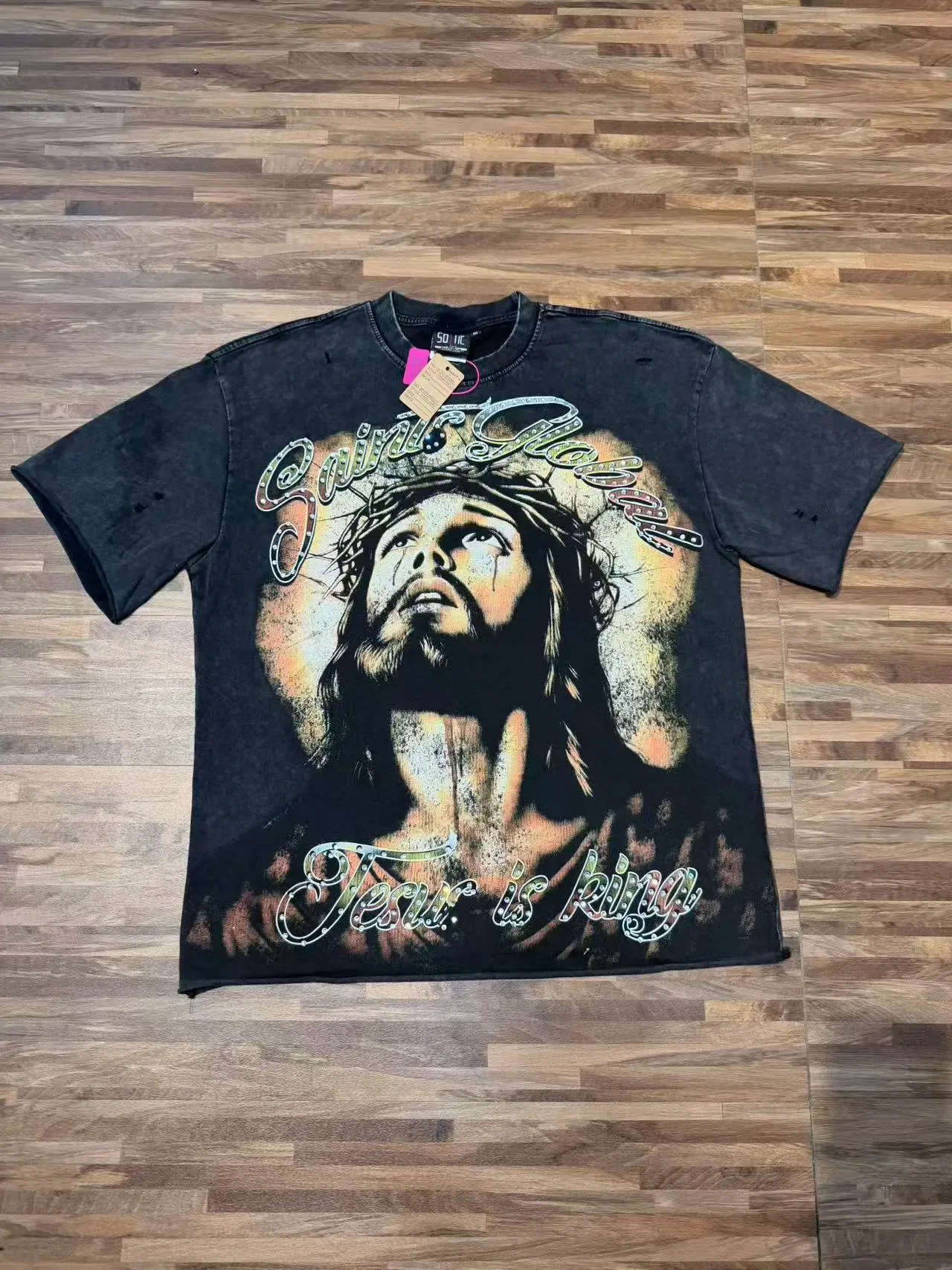 Distressed Black Acid-Wash Graphic Print T-Shirt 3