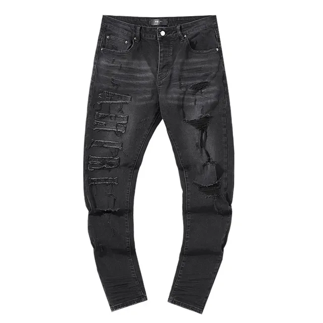 Distressed Embroidered Slim-Fit Black Denim Jeans 2