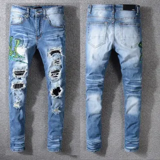 Distressed Light-Wash Blue Embroidered Snake Slim-Fit Jeans