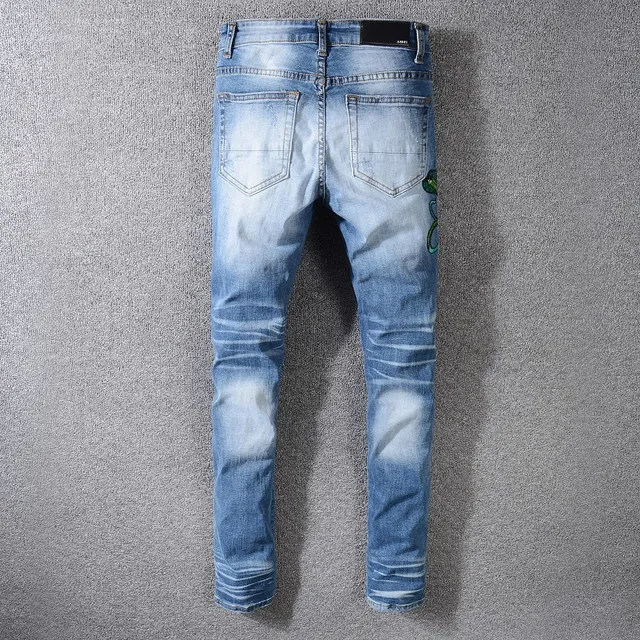 Distressed Light-Wash Blue Embroidered Snake Slim-Fit Jeans 6