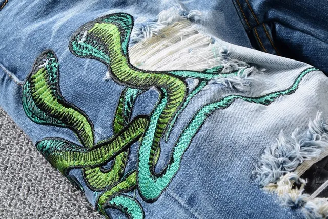 Distressed Light-Wash Blue Embroidered Snake Slim-Fit Jeans 8