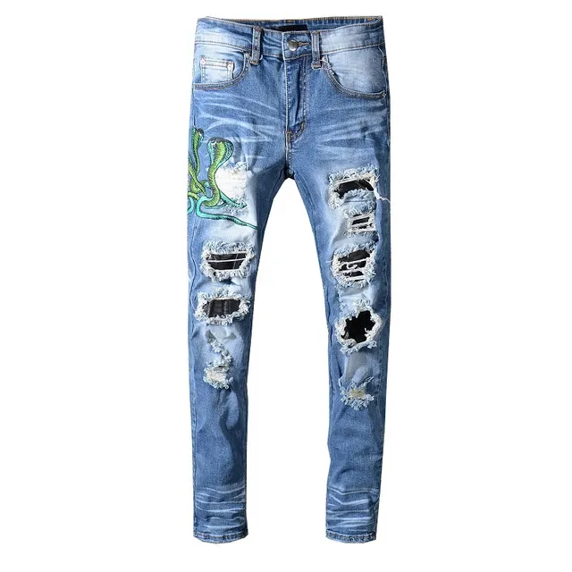 Distressed Light-Wash Blue Embroidered Snake Slim-Fit Jeans 12