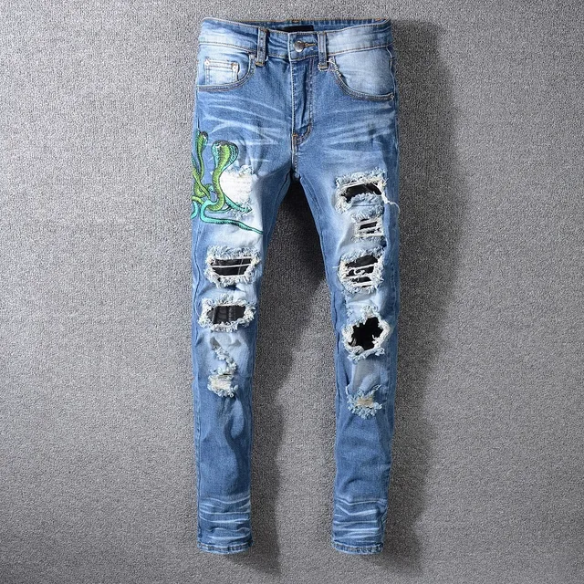 Distressed Light-Wash Blue Embroidered Snake Slim-Fit Jeans 13