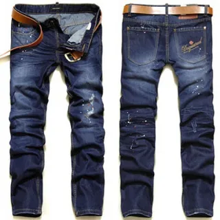 Distressed Paint-Splatter Slim-Fit Blue Jeans