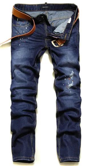 Distressed Paint-Splatter Slim-Fit Blue Jeans 2