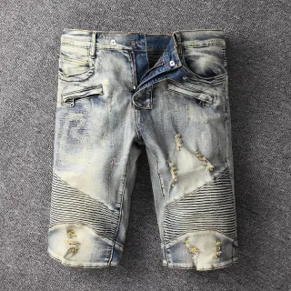 Distressed Panelled Knee Zip-Pocket Denim Shorts