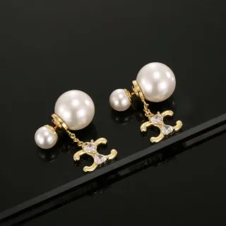 Double Pearl and Crystal Gold-Tone C-Motif Dangle Earrings