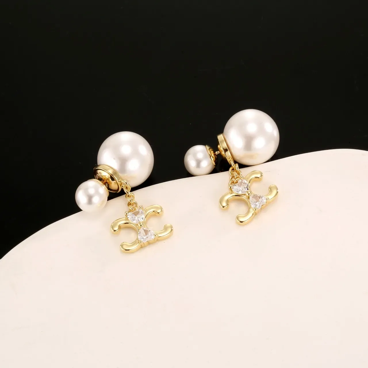 Double Pearl and Crystal Gold-Tone C-Motif Dangle Earrings 3