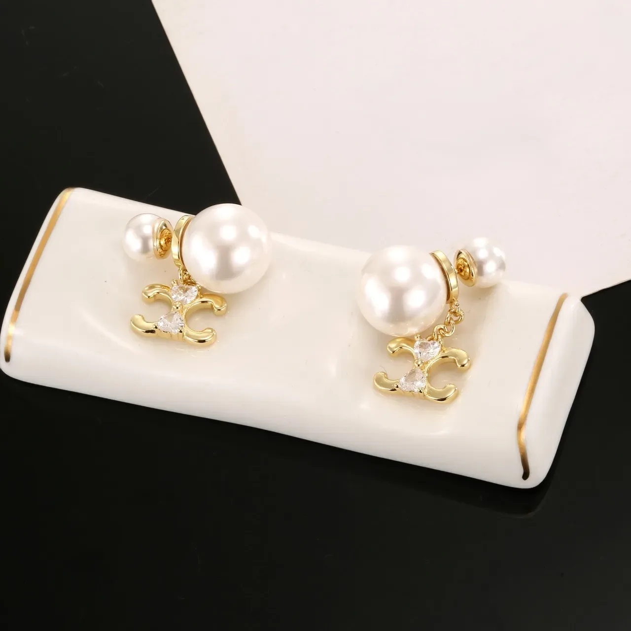Double Pearl and Crystal Gold-Tone C-Motif Dangle Earrings 5
