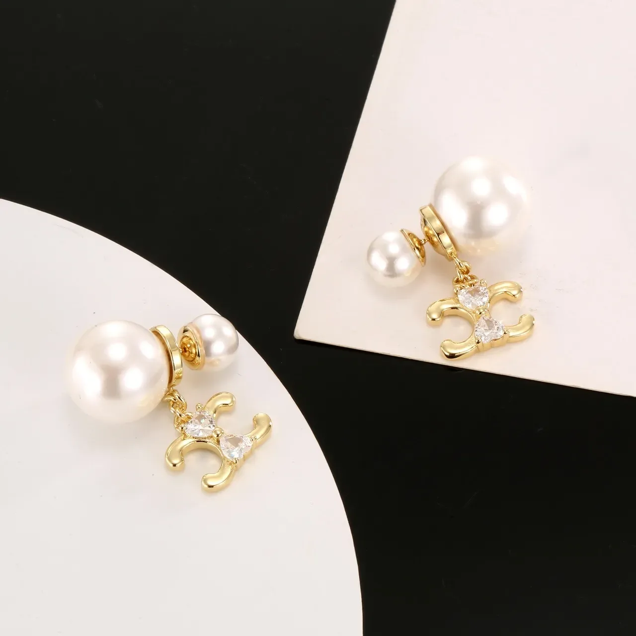 Double Pearl and Crystal Gold-Tone C-Motif Dangle Earrings 6