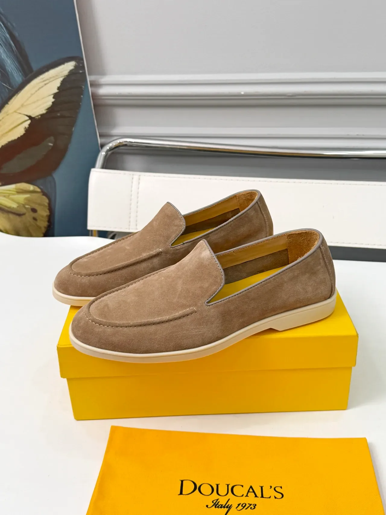 DOUCAI'S Brown Beige Suede Upper Contrast Piping Loafer 4