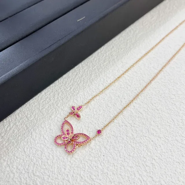 Dual Butterfly Pavé Pink Gemstone Gold-Tone Necklace 3