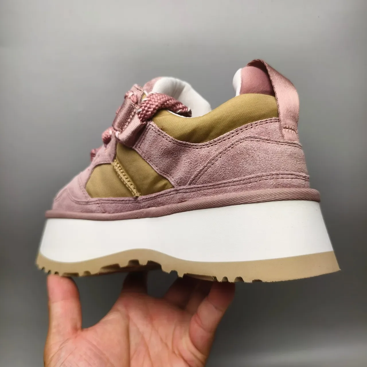 Dusty Pink and Olive Platform Suede Sneaker 4