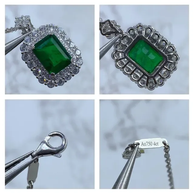 Emerald-Cut Green Gemstone Double Halo Pendant Necklace 2