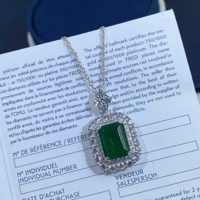 Emerald-Cut Green Gemstone Double Halo Pendant Necklace 3
