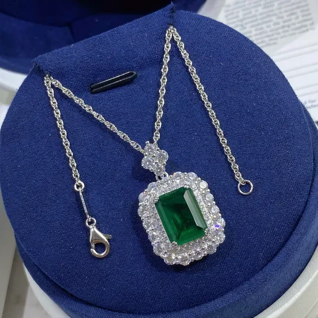 Emerald-Cut Green Gemstone Double Halo Pendant Necklace 4