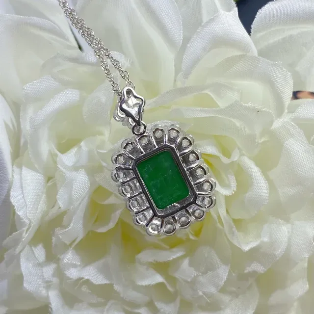 Emerald-Cut Green Gemstone Double Halo Pendant Necklace 5