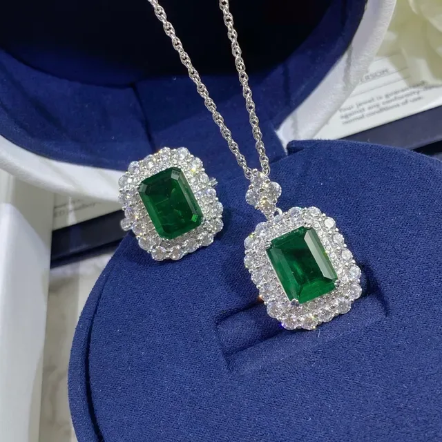 Emerald-Cut Green Gemstone Double Halo Pendant Necklace 6