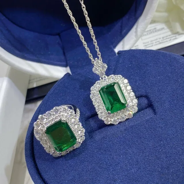 Emerald-Cut Green Gemstone Double Halo Pendant Necklace 7