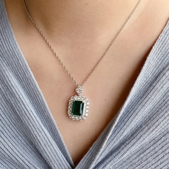 Emerald-Cut Green Gemstone Double Halo Pendant Necklace 8
