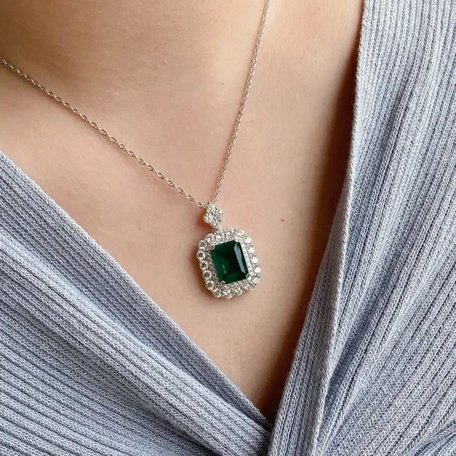 Emerald-Cut Green Gemstone Double Halo Pendant Necklace 9