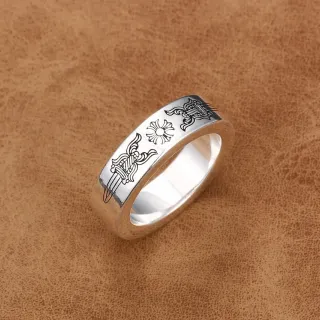 Engraved Sword and Floral Motif Silver Ring