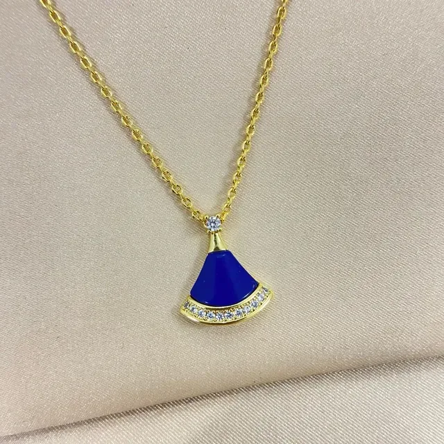 Fan-Shaped Blue Enamel and Pavé Crystal Pendant Necklace 2