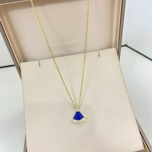 Fan-Shaped Blue Enamel and Pavé Crystal Pendant Necklace 3